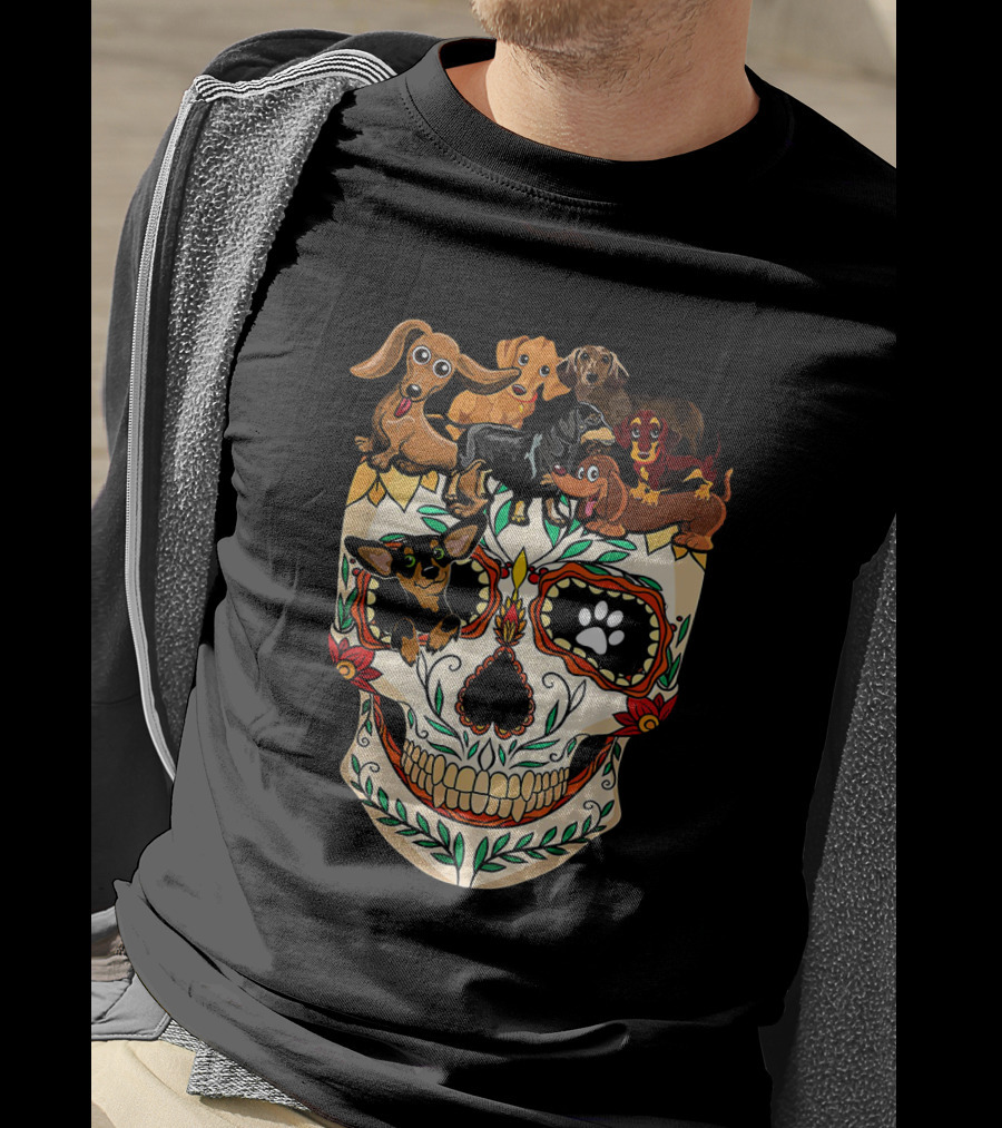 Dachshunds Sugar Skull Dog Mom Dad Funny Colorful Day Of The Dead T-Shirt