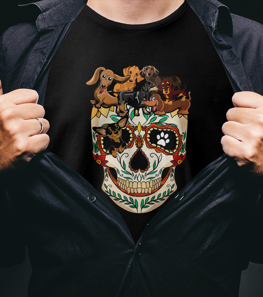 Dachshunds Sugar Skull Dog Mom Dad Funny Colorful Day Of The Dead T-Shirt