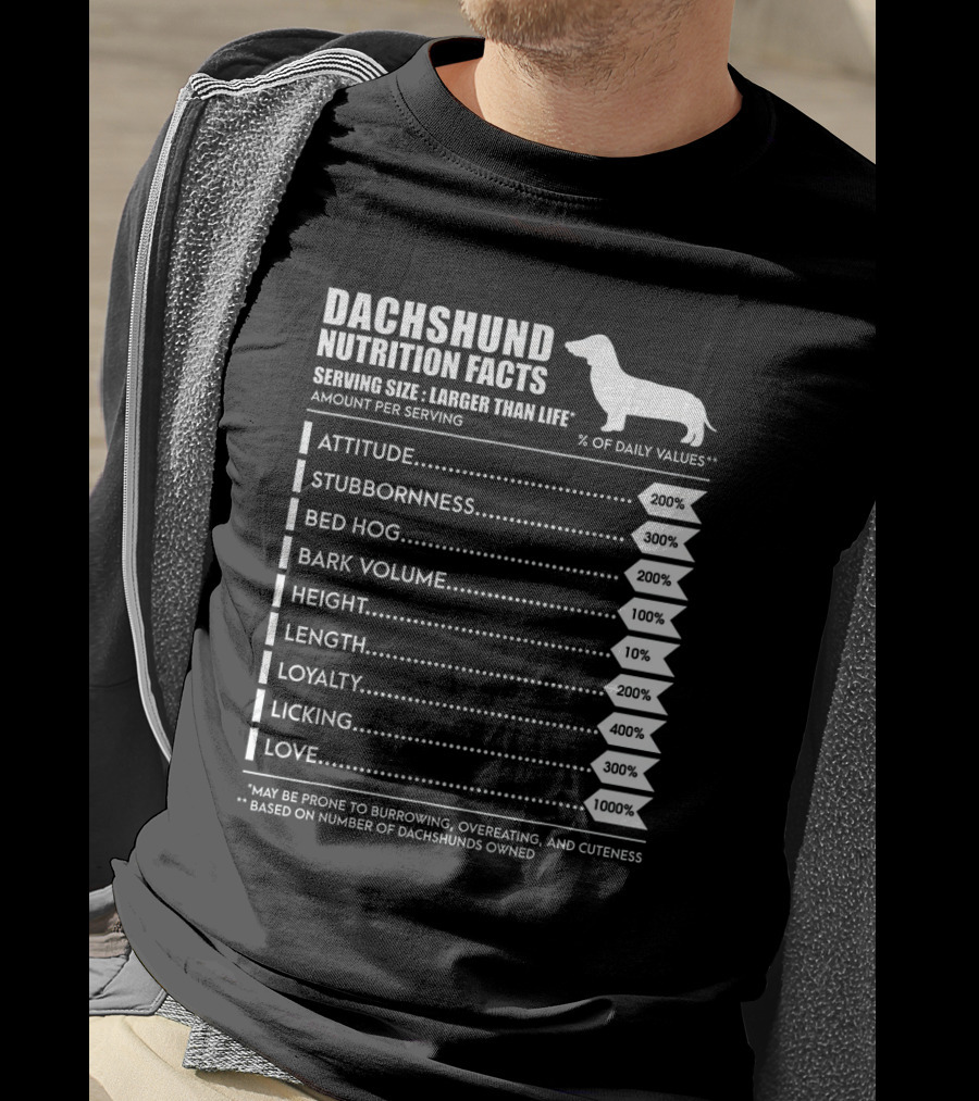 Dachshund Weiner Dog Nutrition Facts Attitude Stubbornness Bed Hog Bark Volume Height Length Loyalty Licking Love T-Shirt