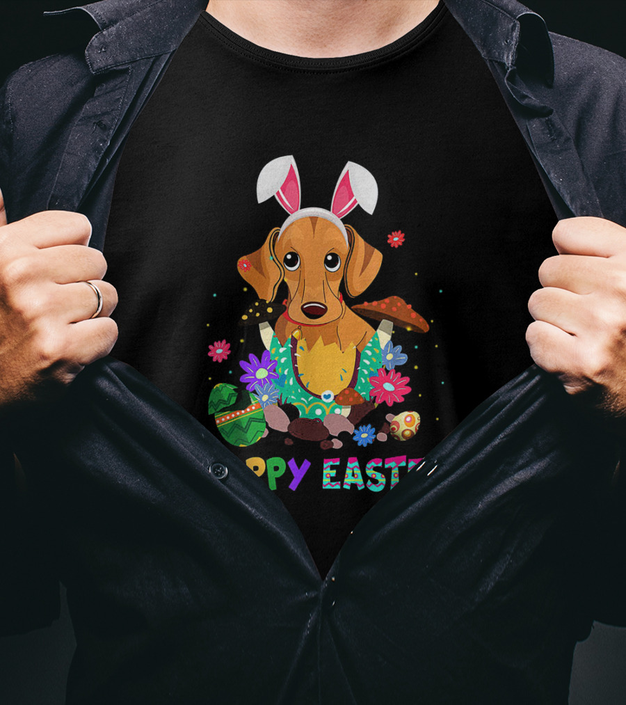 Happy Easter Bunny Ears Dachshund Dog With Colorful Eggs And Flowers T-Shirt