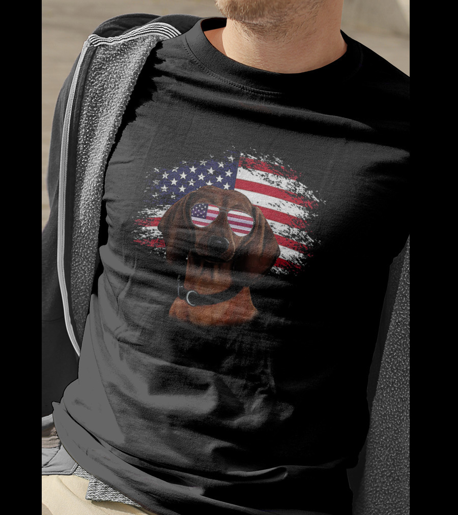 American Flag Dachshund Wearing Patriotic Sunglasses With Flag Background T-Shirt