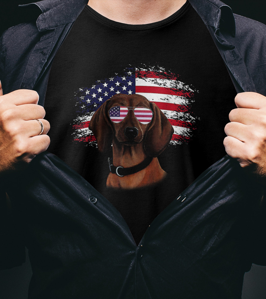 American Flag Dachshund Wearing Patriotic Sunglasses With Flag Background T-Shirt