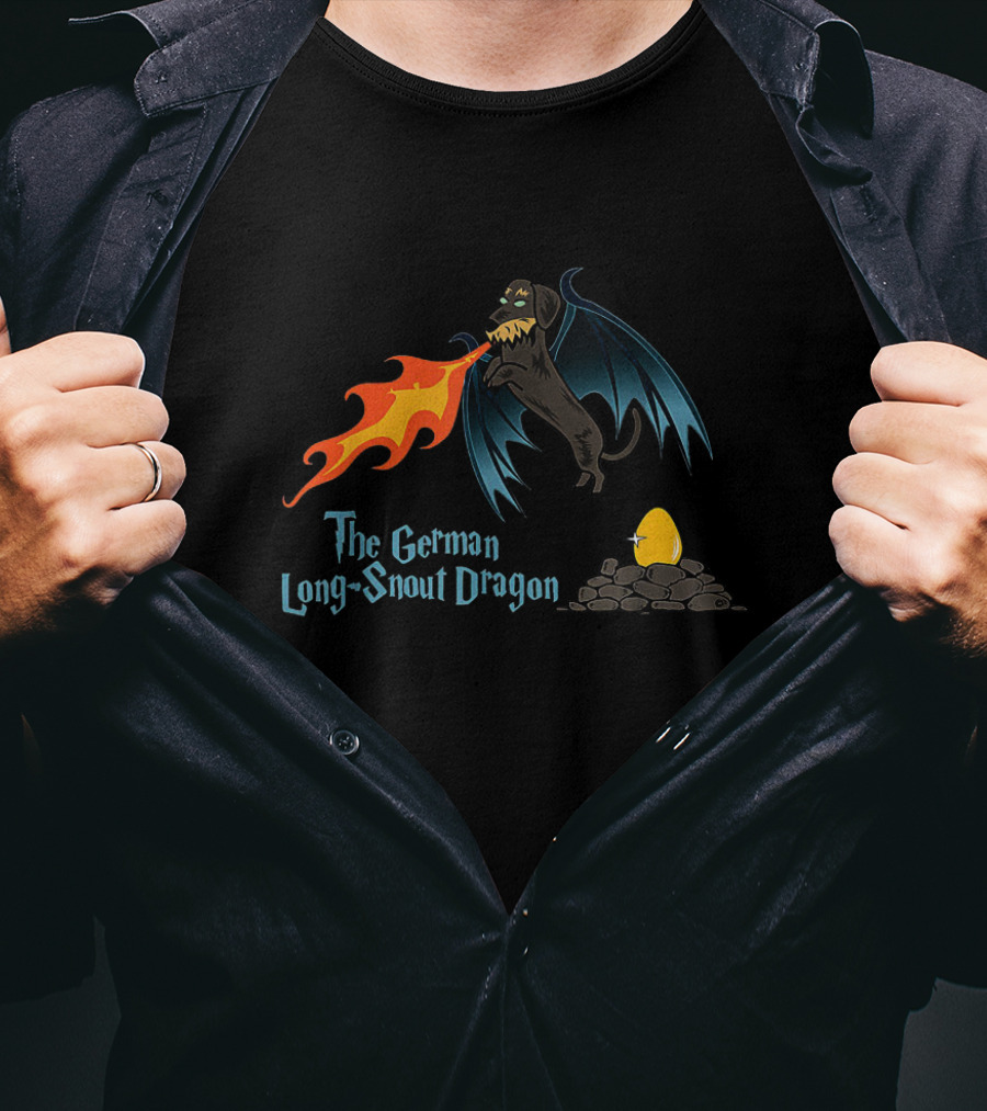 The German Long-Snout Dragon Funny Dachshund Breathing Fire With Wings And Egg T-Shirt