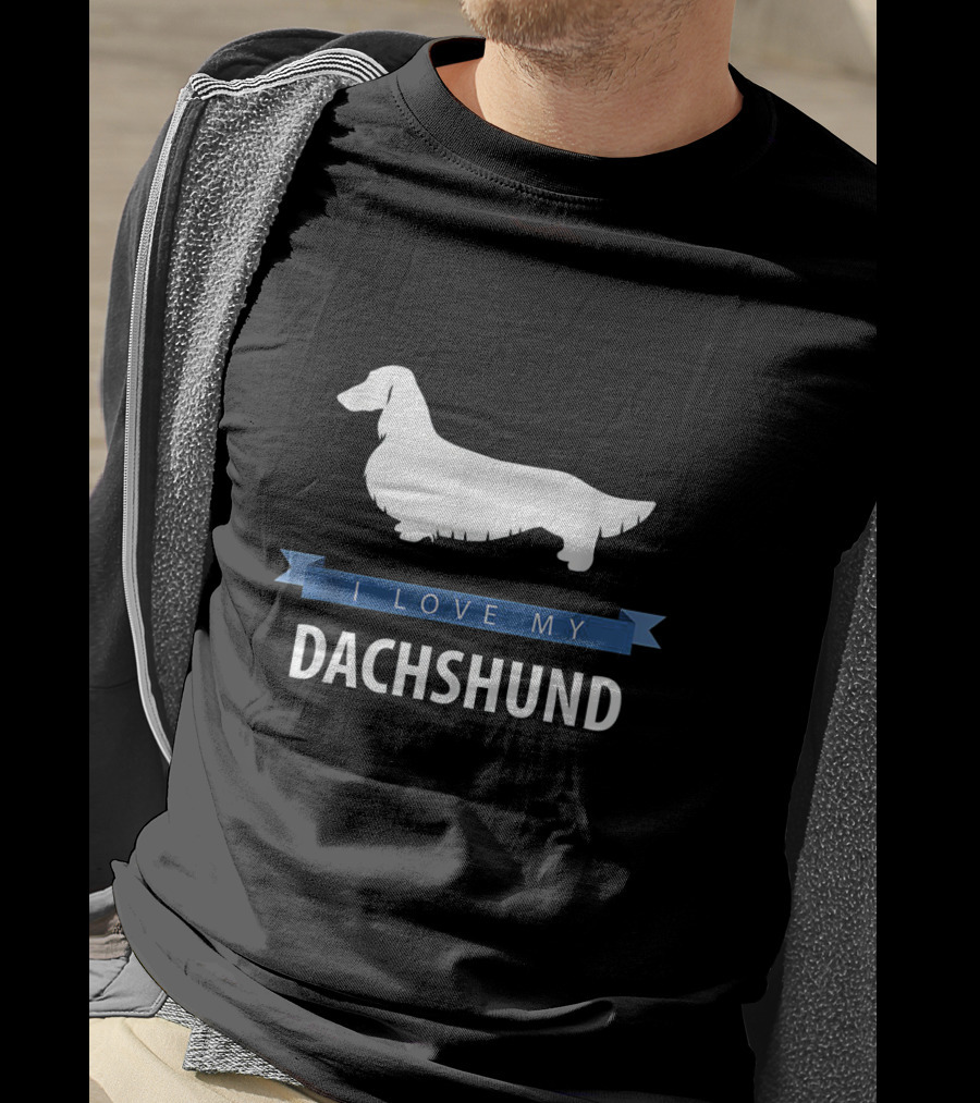 I Love My Longhaired Dachshund Silhouette With Blue Banner T-Shirt