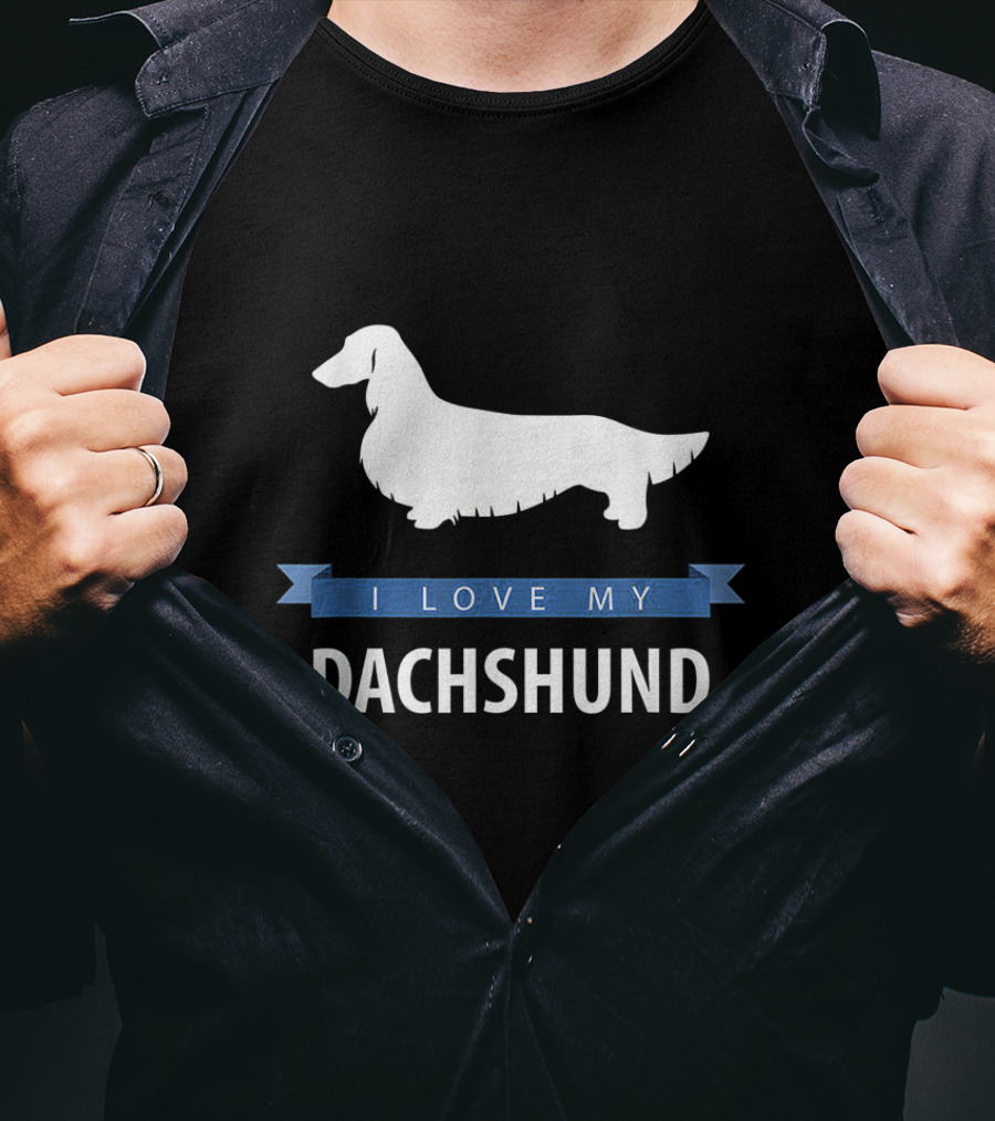 I Love My Longhaired Dachshund Silhouette With Blue Banner T-Shirt