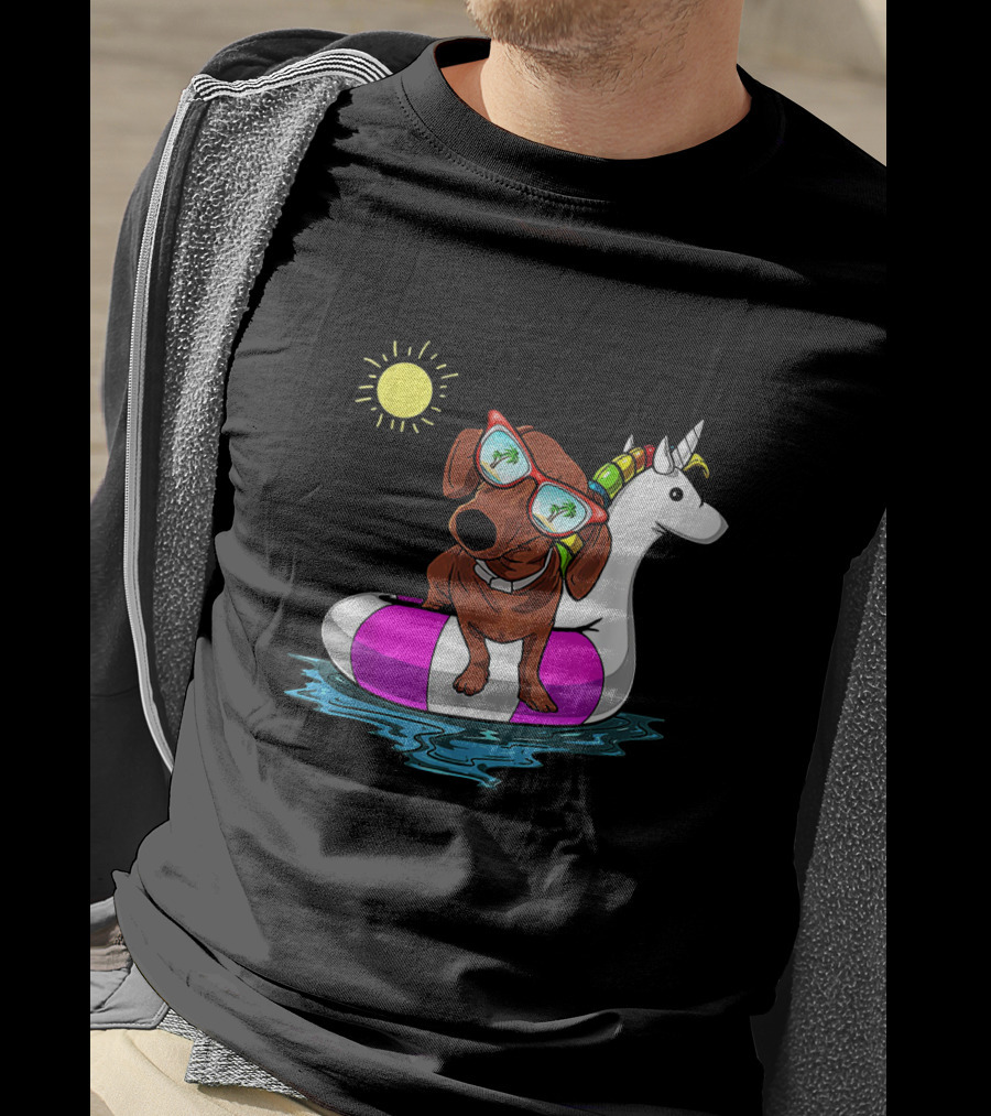 Dachshund On Unicorn Float At Summer Pool Party With Sunglasses And Sun T-Shirt