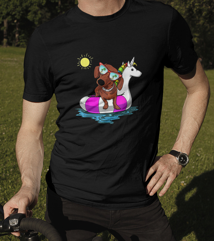 Dachshund On Unicorn Float At Summer Pool Party With Sunglasses And Sun T-Shirt