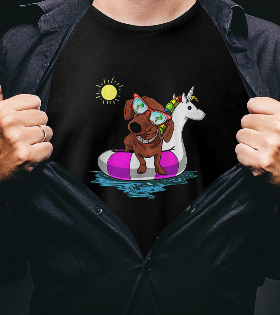 Dachshund On Unicorn Float At Summer Pool Party With Sunglasses And Sun T-Shirt