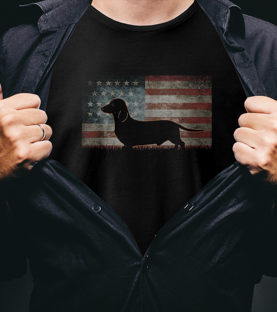 Retro Vintage American Flag Best Dachshund Dog Dad USA Patriotic T-Shirt