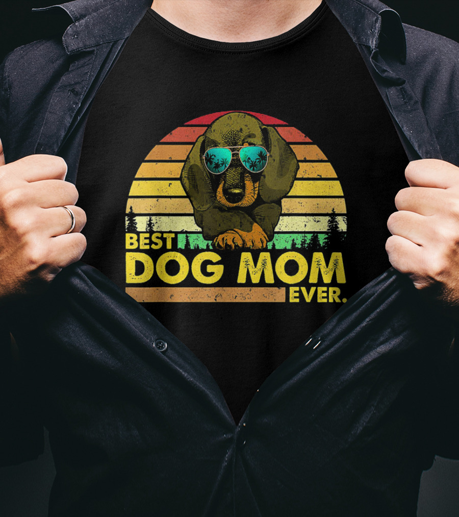 Vintage Best Dog Mom Ever With Dachshund In Retro Sunset T-Shirt