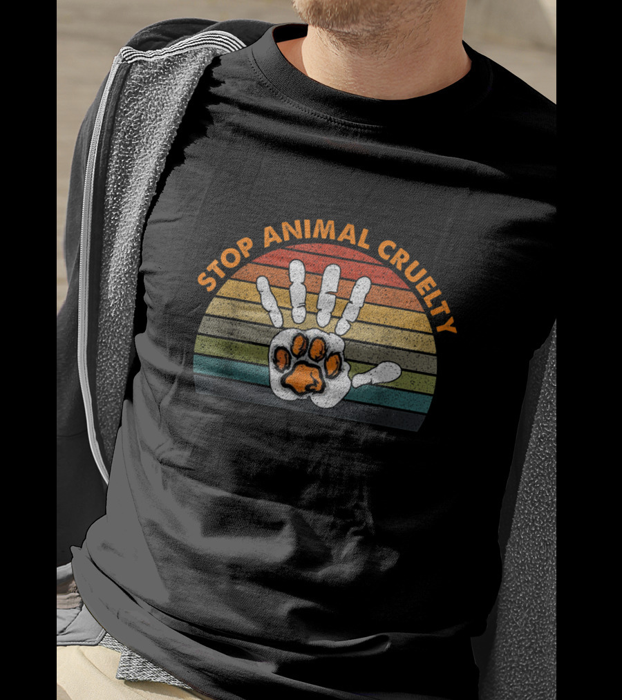 Stop Animal Cruelty Vintage Rainbow Human Hand And Paw Print Vegan Activism T-Shirt