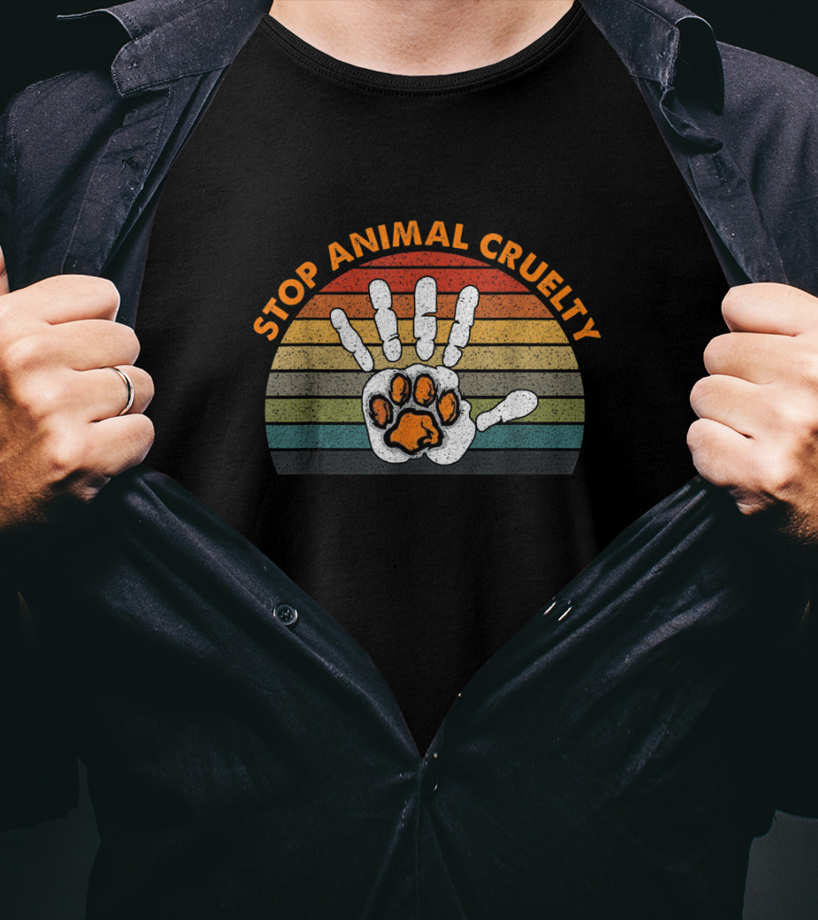Stop Animal Cruelty Vintage Rainbow Human Hand And Paw Print Vegan Activism T-Shirt