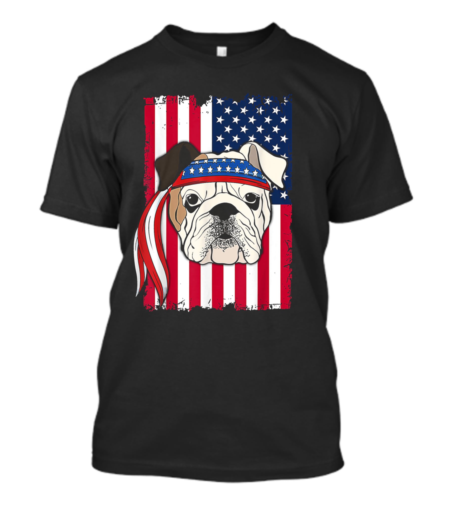 Patriotic Bulldog Wearing Bandana With American Flag Background T-Shirt
