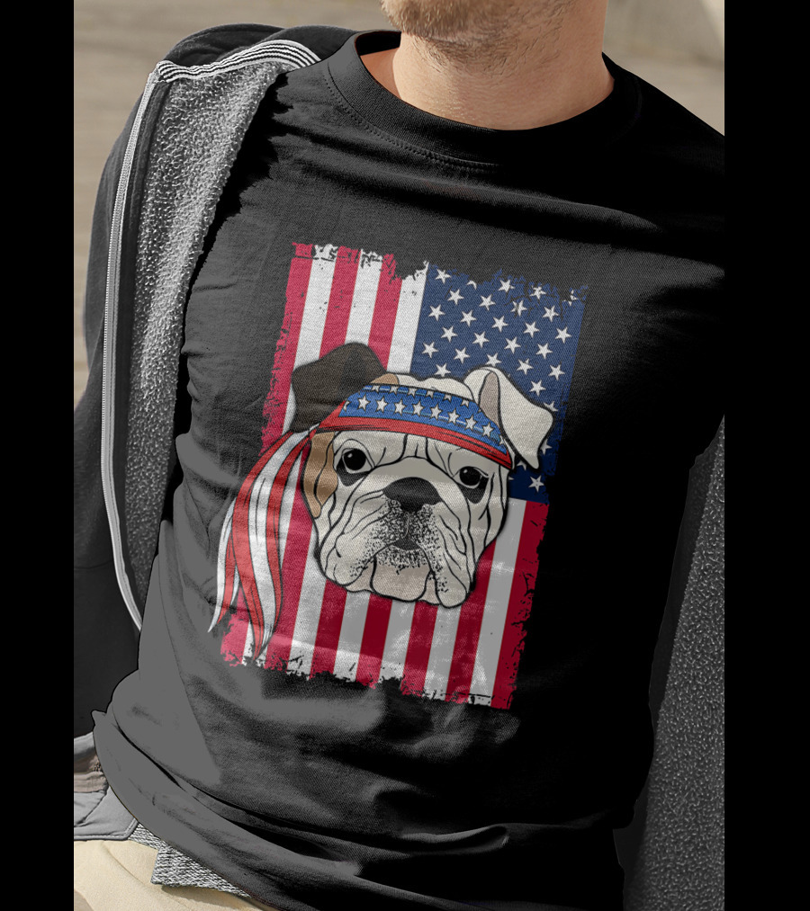 Patriotic Bulldog Wearing Bandana With American Flag Background T-Shirt
