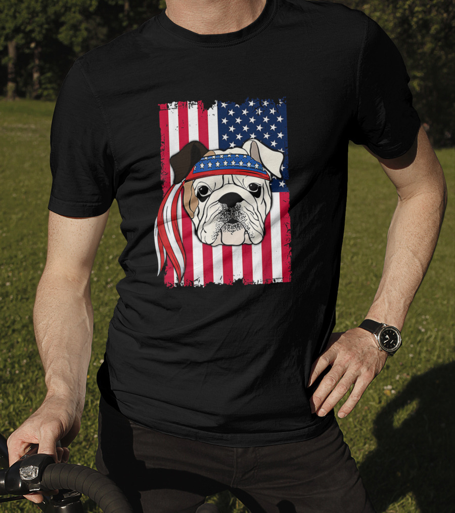 Patriotic Bulldog Wearing Bandana With American Flag Background T-Shirt