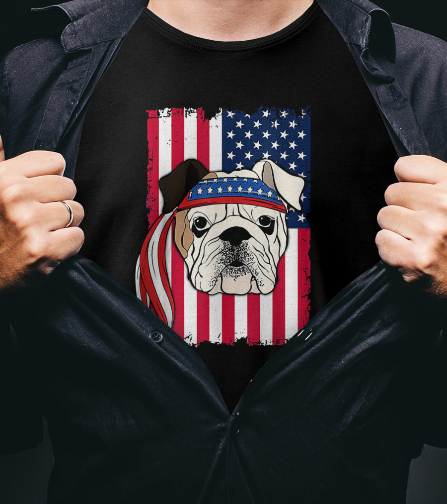 Patriotic Bulldog Wearing Bandana With American Flag Background T-Shirt