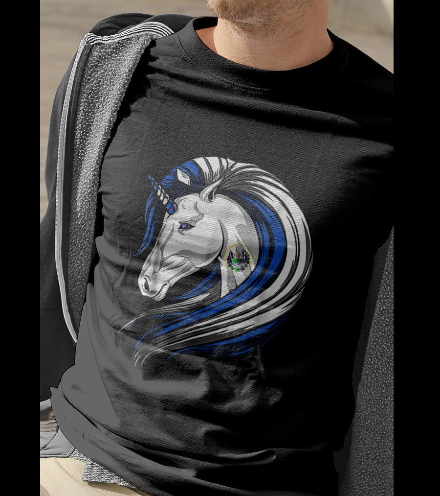 Unicorn With El Salvador Flag Colors And Salvadoran Emblem Mane T-Shirt