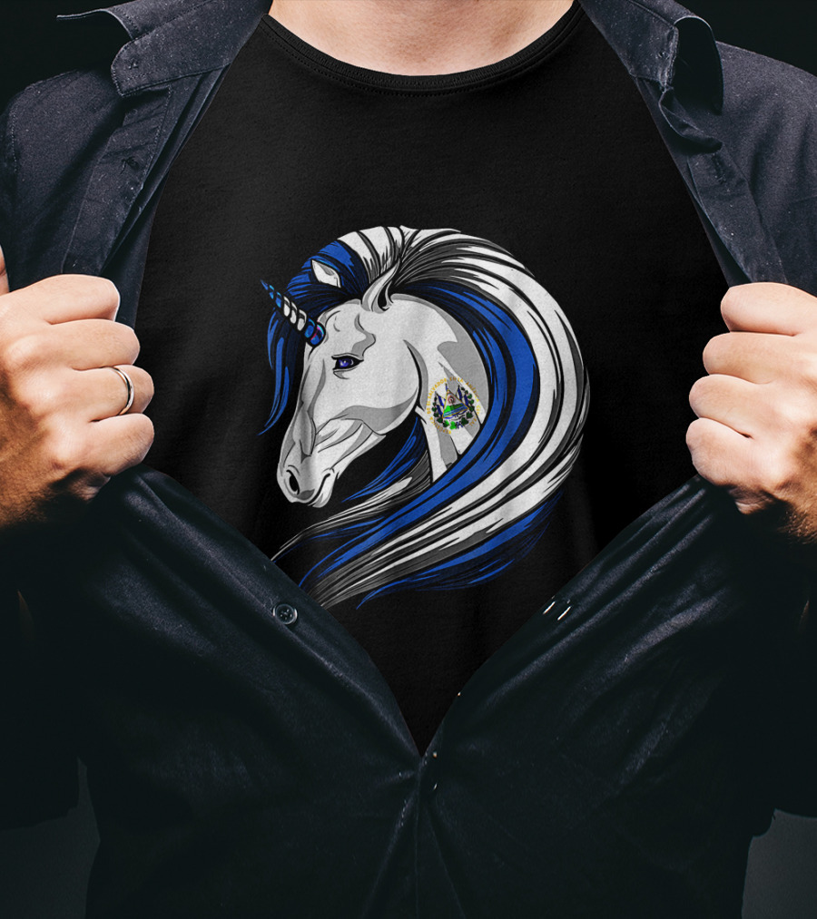 Unicorn With El Salvador Flag Colors And Salvadoran Emblem Mane T-Shirt
