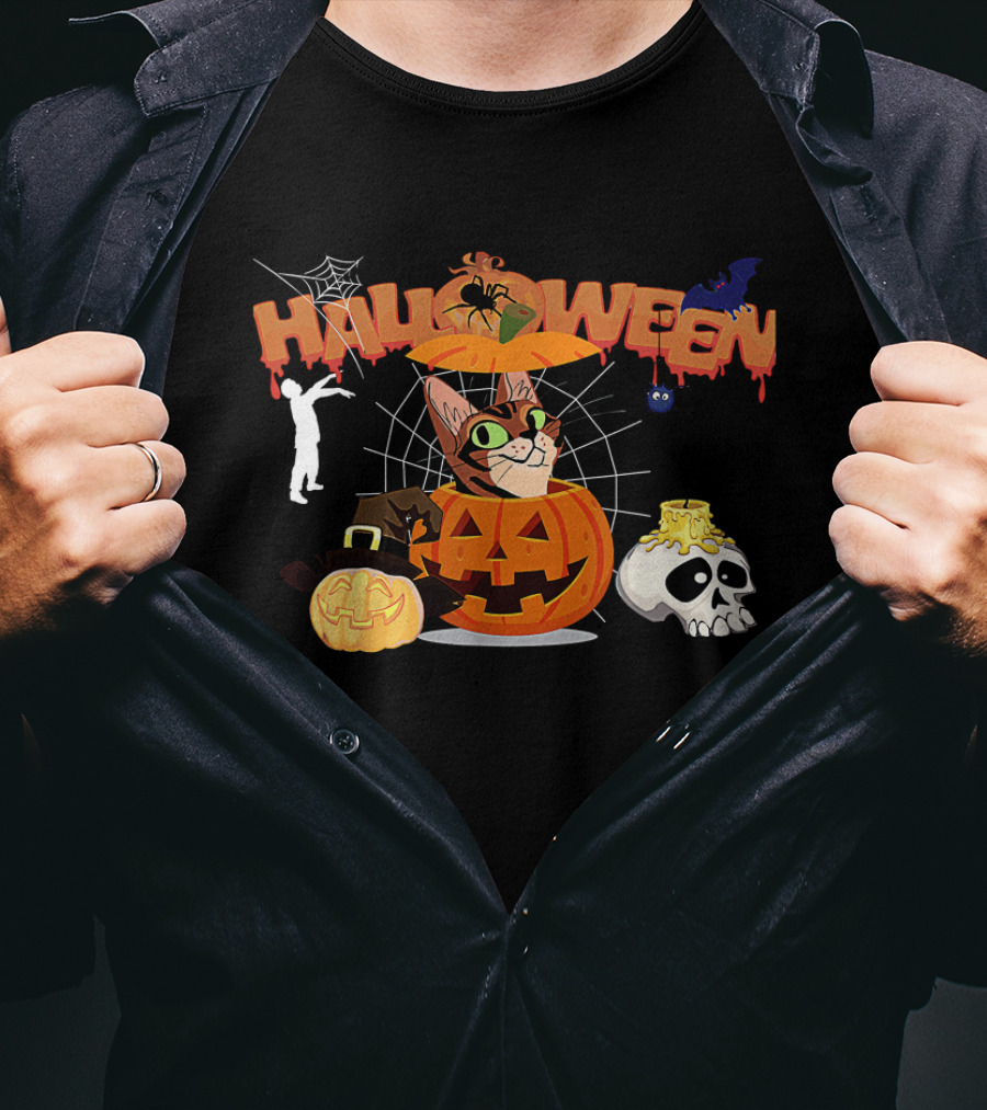 Halloween Bengal Cat Pumpkin Witch Zombie Skull T-Shirt
