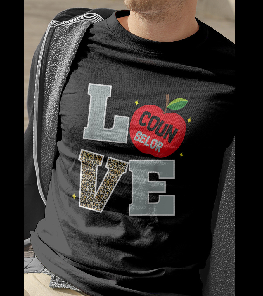 LOVE Counselor Apple Back To School Leopard Print Teacher T-Shirt