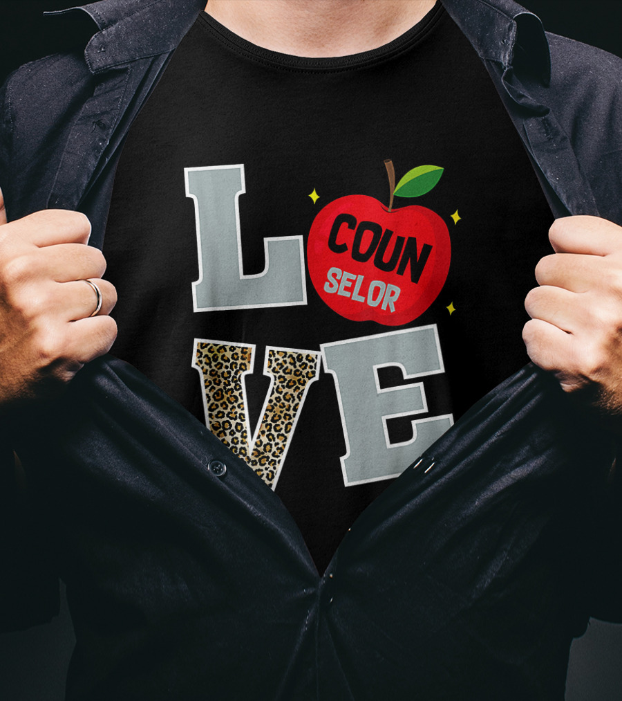 LOVE Counselor Apple Back To School Leopard Print Teacher T-Shirt
