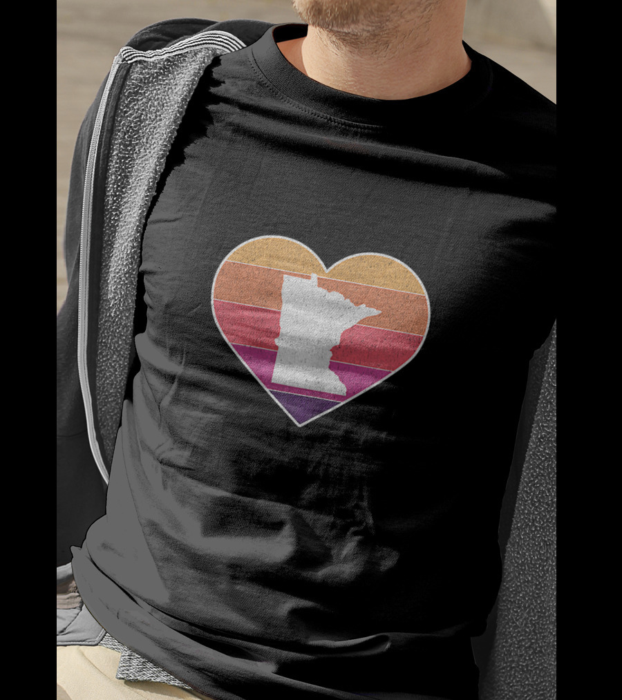 Minnesota Love Heart With State Silhouette On Vintage Stripes T-Shirt