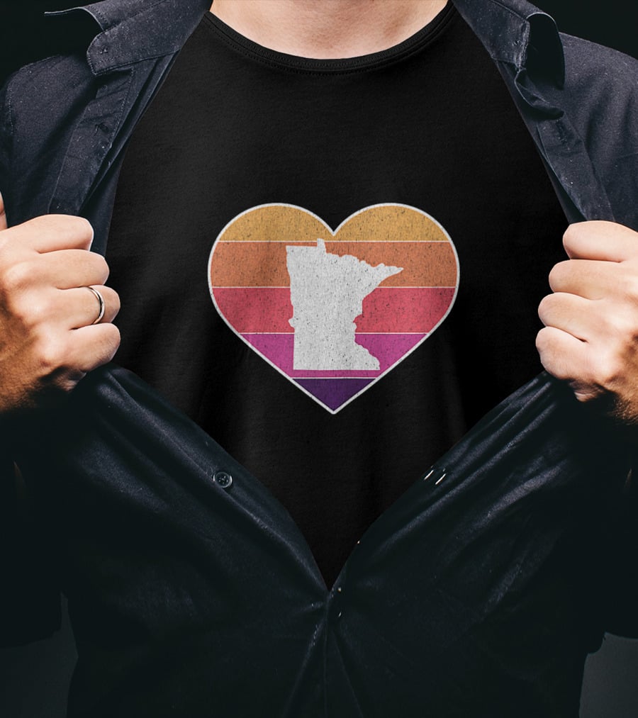 Minnesota Love Heart With State Silhouette On Vintage Stripes T-Shirt