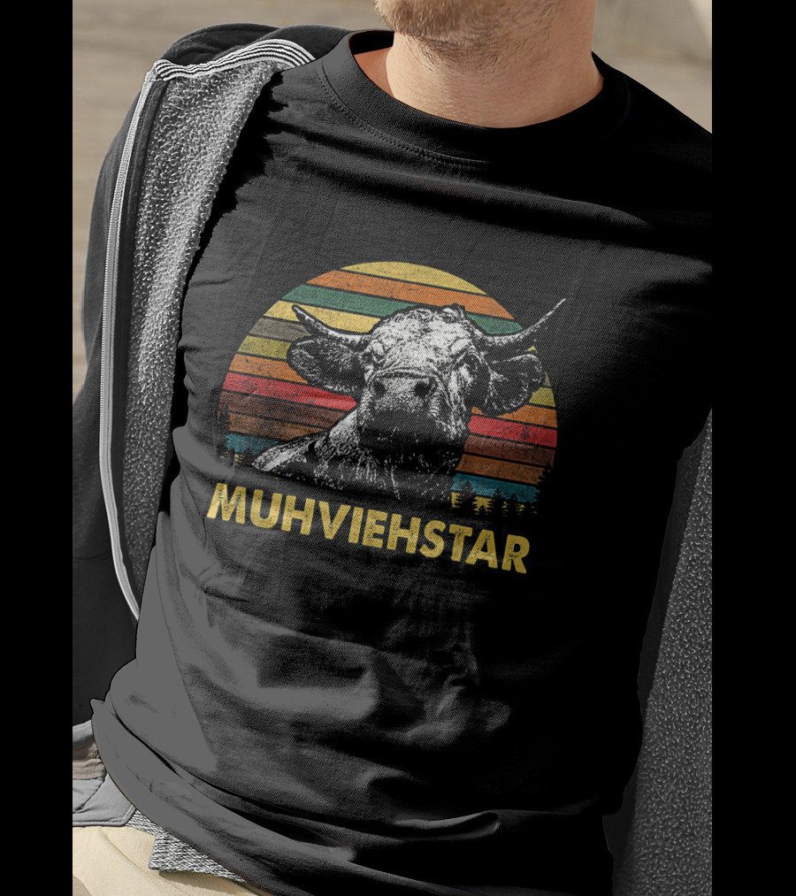 Muhviehstar Retro Vintage Cow Head Graphic With Sunset Stripes And Trees T-Shirt