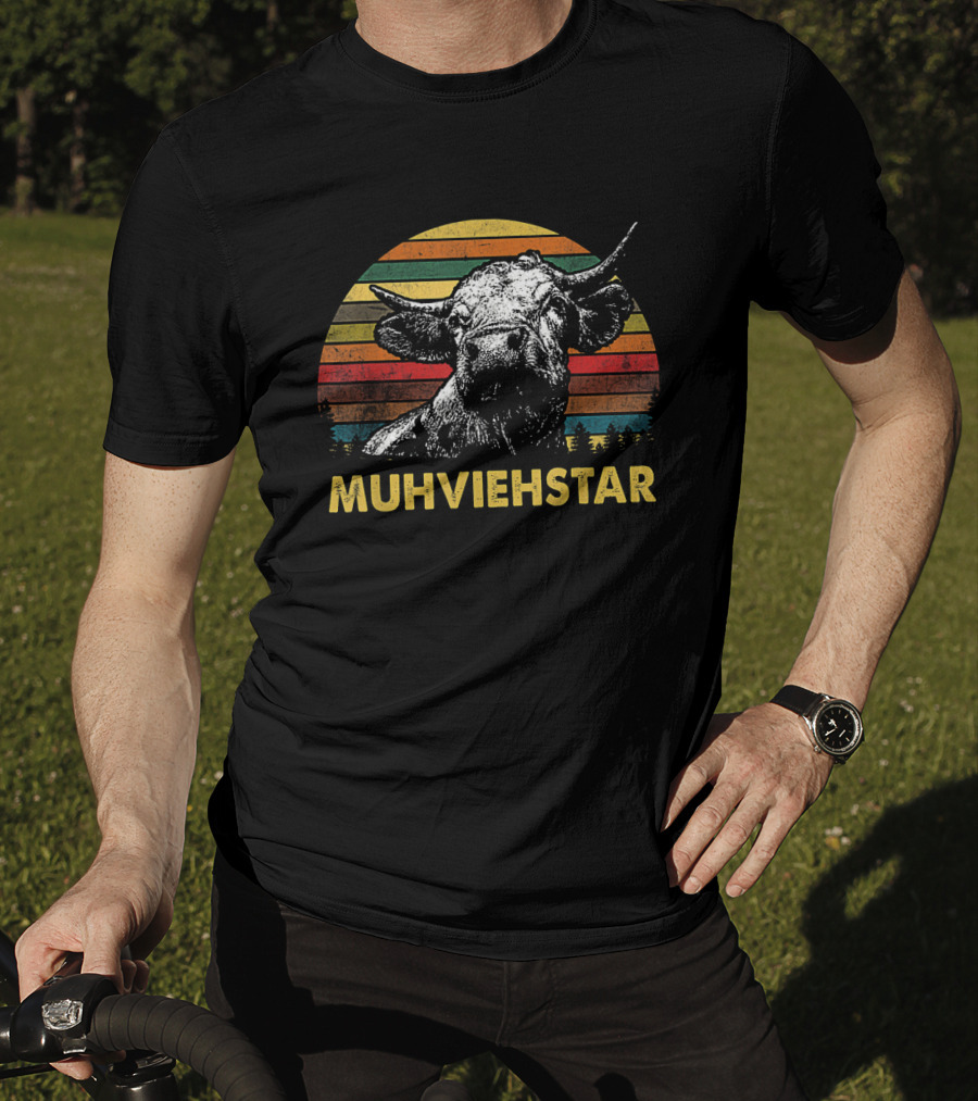 Muhviehstar Retro Vintage Cow Head Graphic With Sunset Stripes And Trees T-Shirt