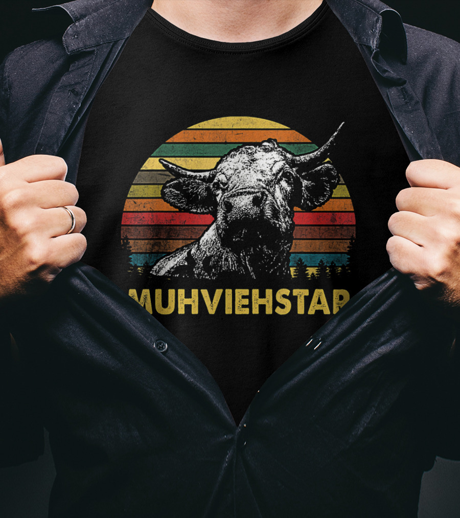 Muhviehstar Retro Vintage Cow Head Graphic With Sunset Stripes And Trees T-Shirt