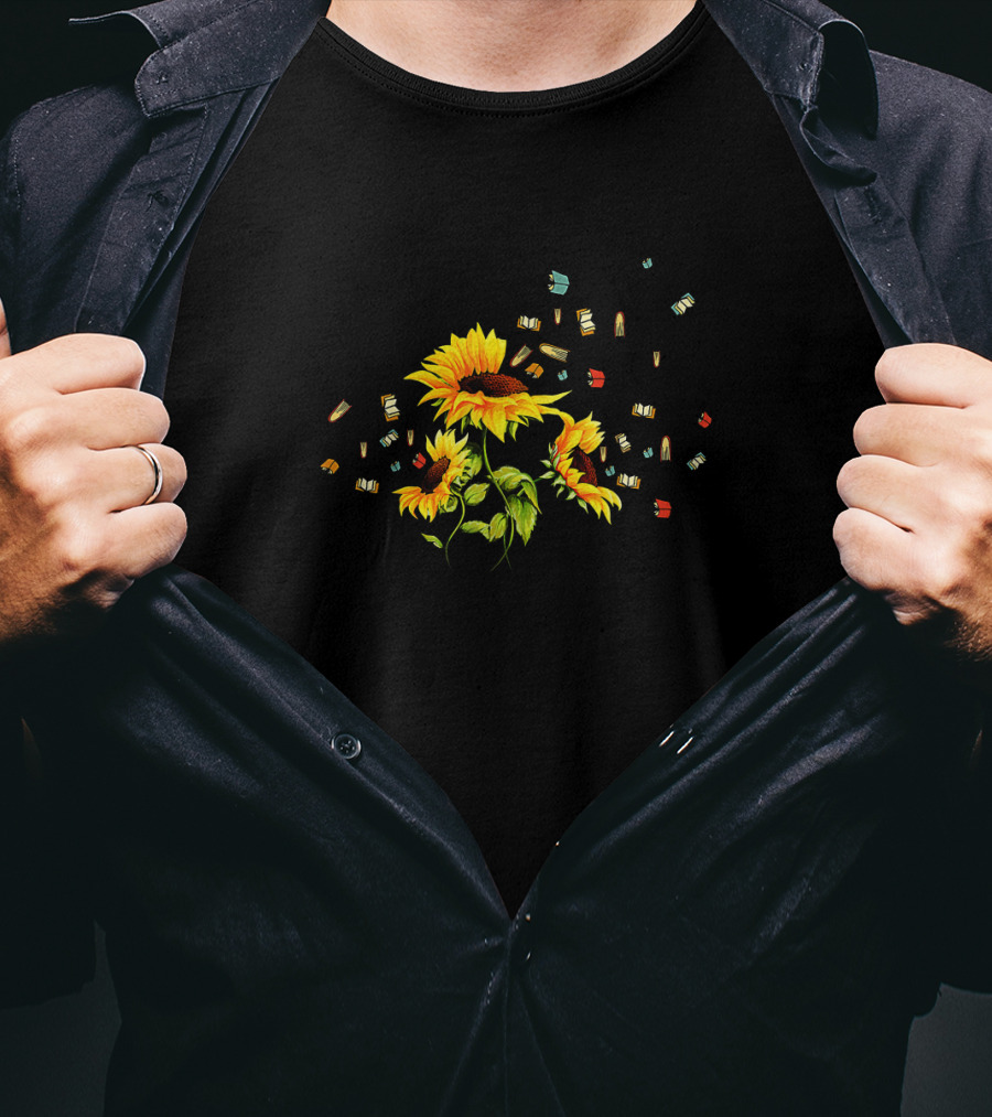Sunflower Book Dandelion Reading Fan Floral T-Shirt