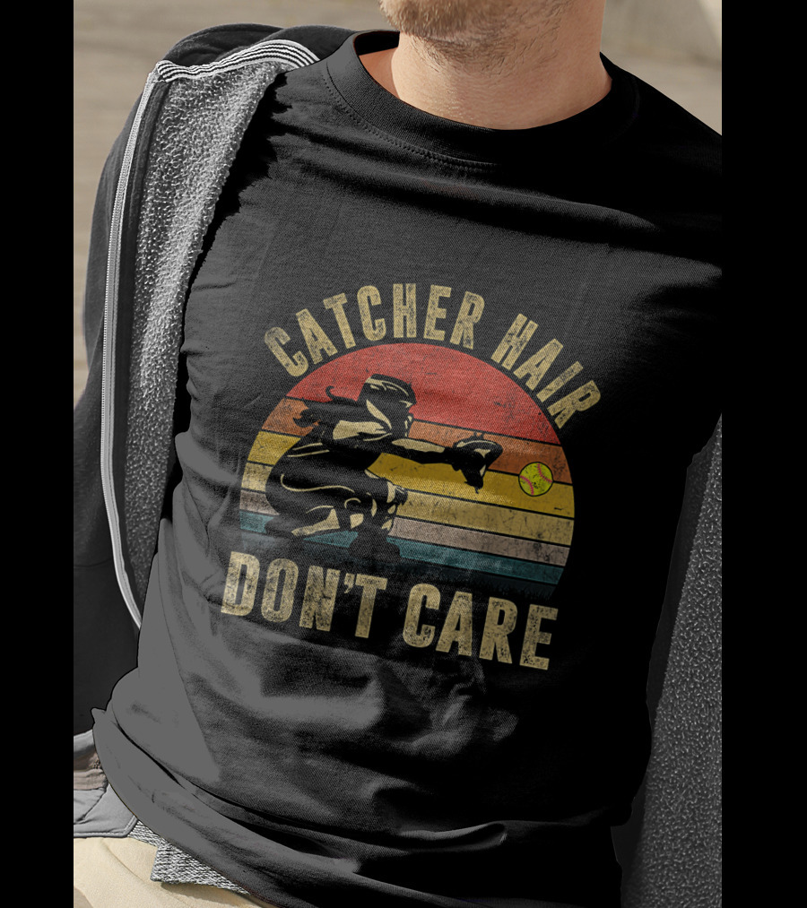 Catcher Hair Don't Care Retro Softball Catcher Girls T-Shirt
