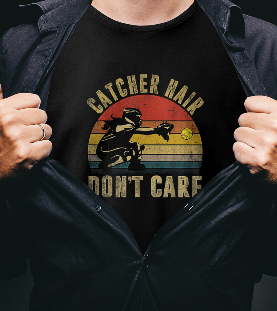 Catcher Hair Don't Care Retro Softball Catcher Girls T-Shirt