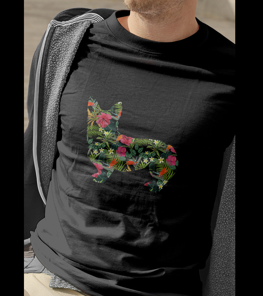 Corgi Floral Hawaiian Dog In Tropical Flowers And Leaves Print T-Shirt