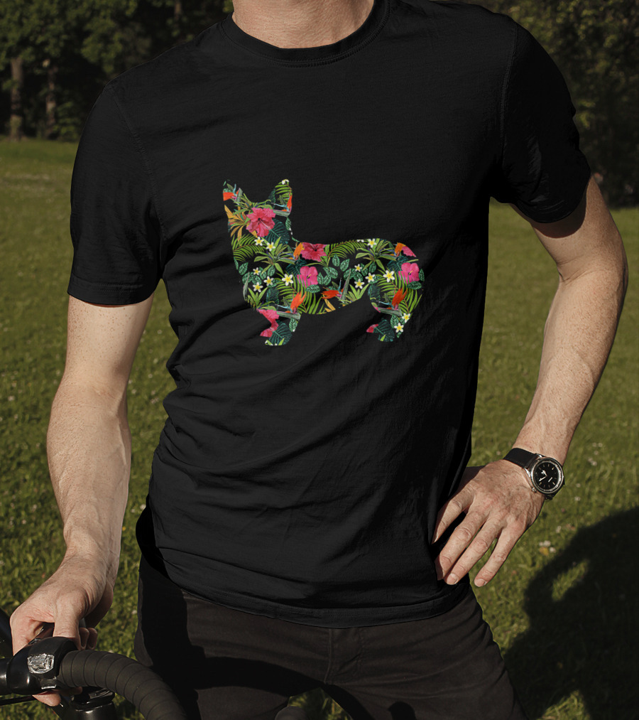Corgi Floral Hawaiian Dog In Tropical Flowers And Leaves Print T-Shirt