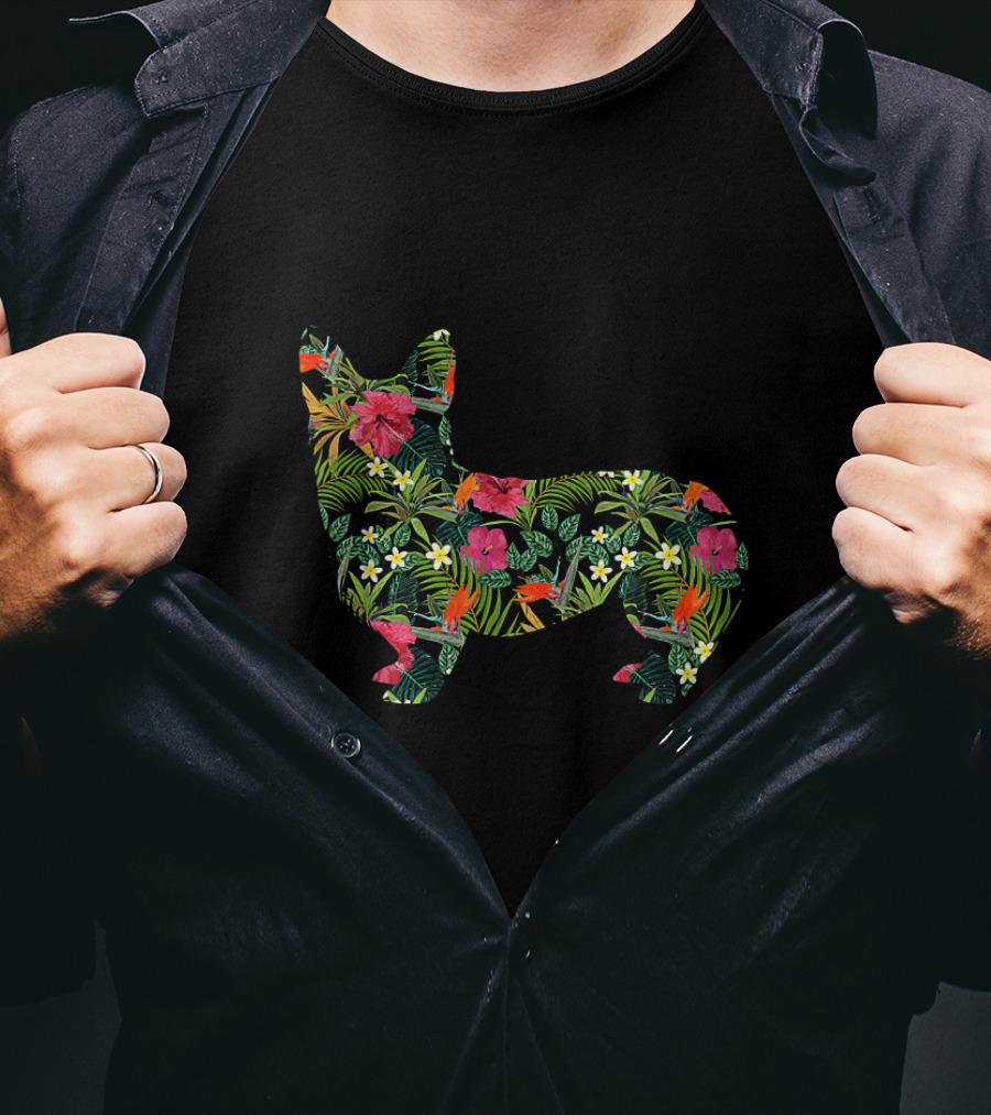 Corgi Floral Hawaiian Dog In Tropical Flowers And Leaves Print T-Shirt