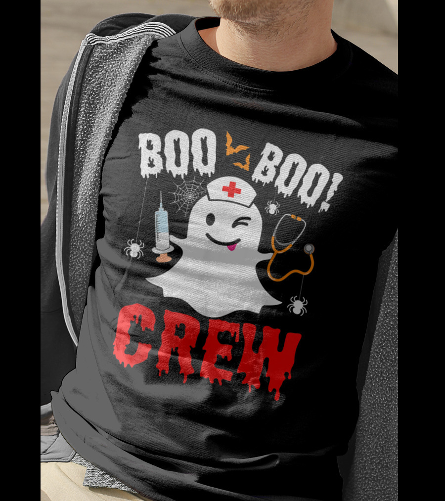 Boo Boo Crew Nurse Ghost Halloween Spiders Bats Stethoscope T-Shirt