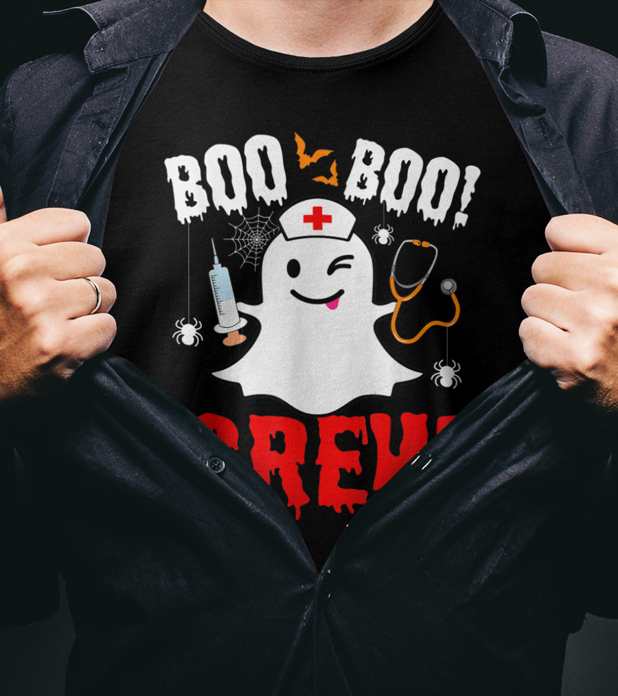 Boo Boo Crew Nurse Ghost Halloween Spiders Bats Stethoscope T-Shirt