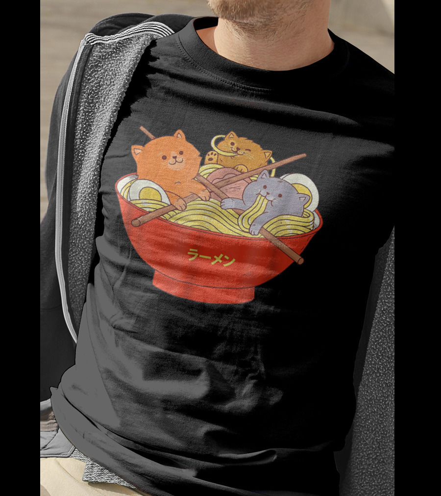 Kawaii Anime Cat Ramen Noodles In Red Bowl With Japanese Text T-Shirt