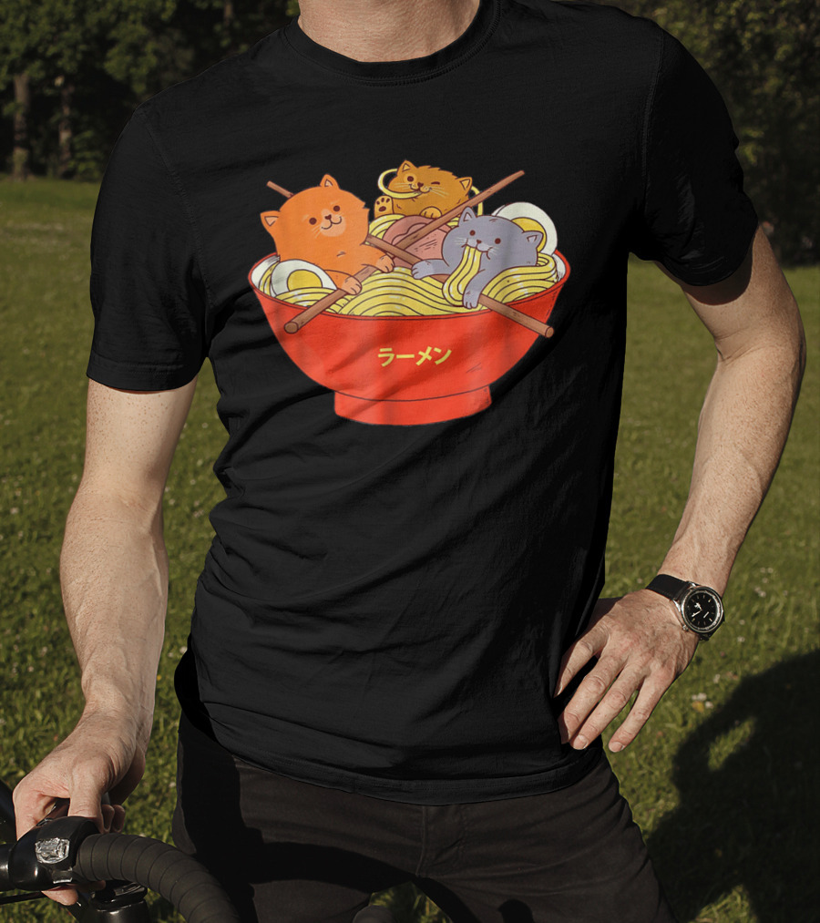 Kawaii Anime Cat Ramen Noodles In Red Bowl With Japanese Text T-Shirt