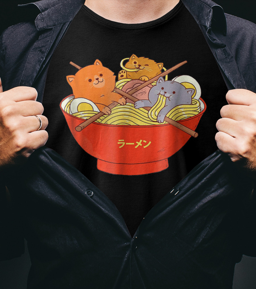Kawaii Anime Cat Ramen Noodles In Red Bowl With Japanese Text T-Shirt