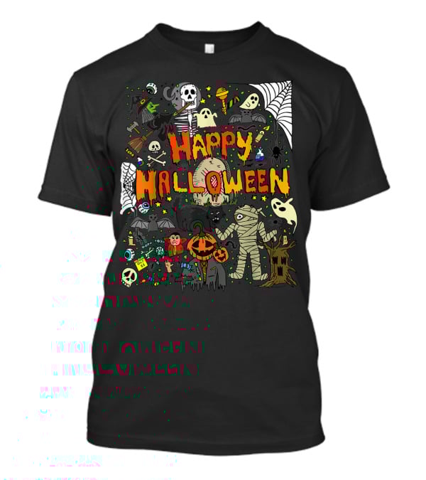 Happy Halloween Scary Mummy Ghost Witch Pumpkin Bat Skull Spiderweb T-Shirt