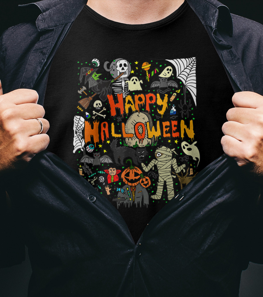 Happy Halloween Scary Mummy Ghost Witch Pumpkin Bat Skull Spiderweb T-Shirt