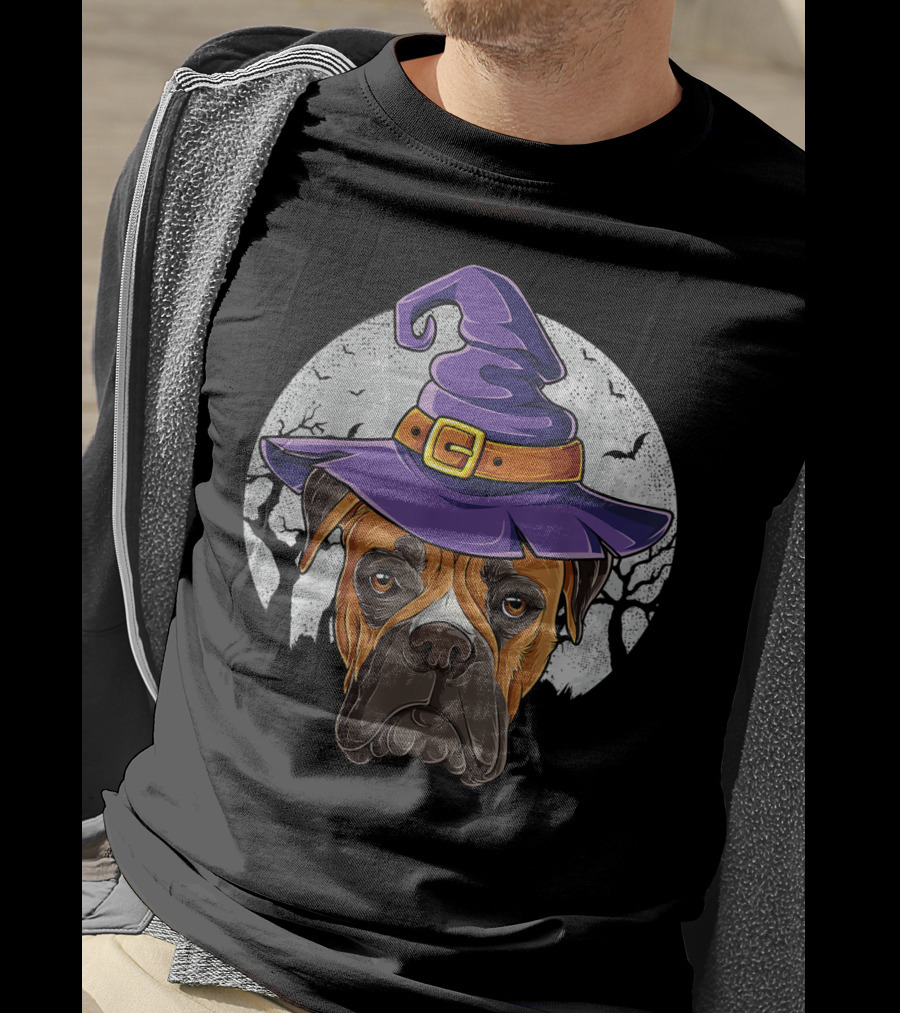Boxer Dog In Purple Witch Hat With Moon And Bats Halloween T-Shirt