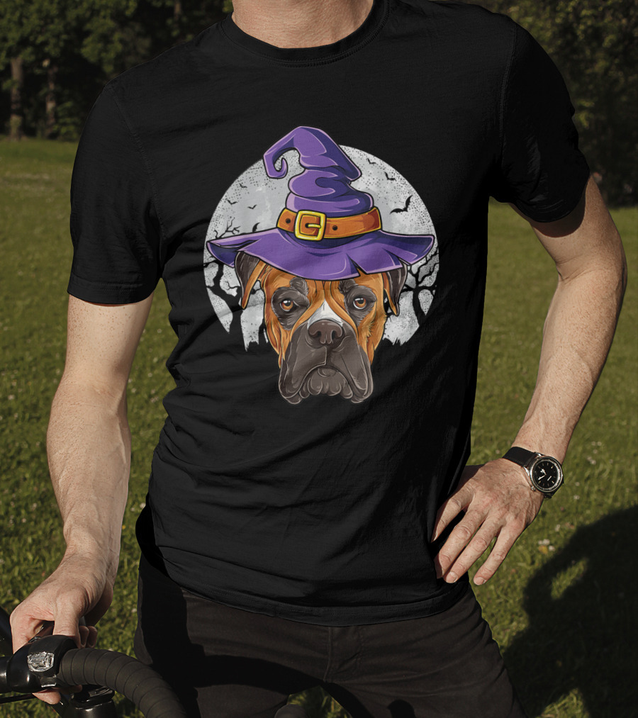 Boxer Dog In Purple Witch Hat With Moon And Bats Halloween T-Shirt
