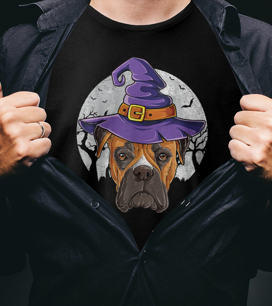 Boxer Dog In Purple Witch Hat With Moon And Bats Halloween T-Shirt