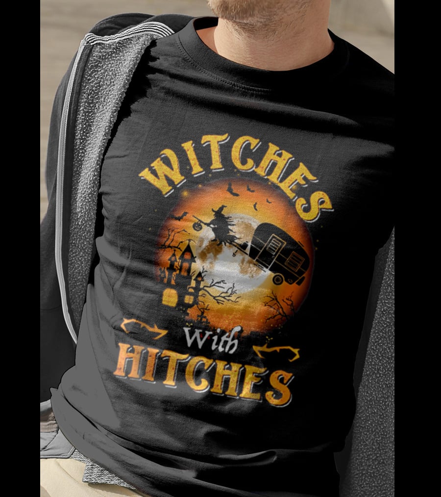 Witches With Hitches Flying Broomstick Full Moon Haunted House T-Shirt