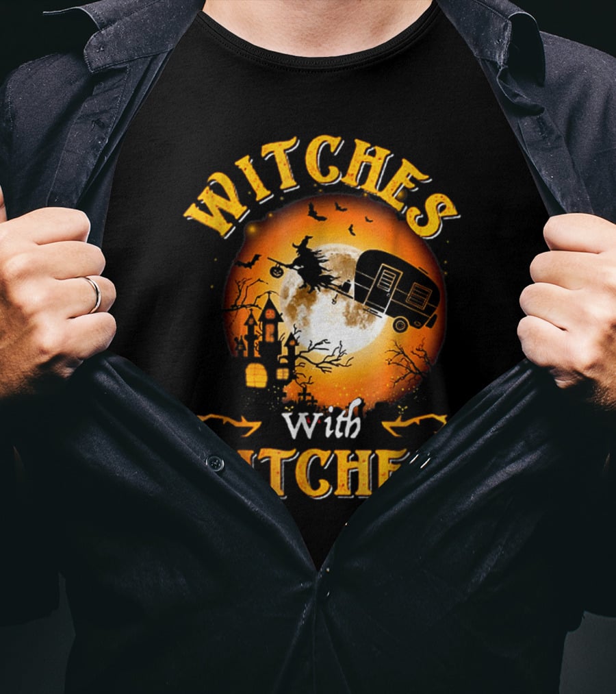 Witches With Hitches Flying Broomstick Full Moon Haunted House T-Shirt
