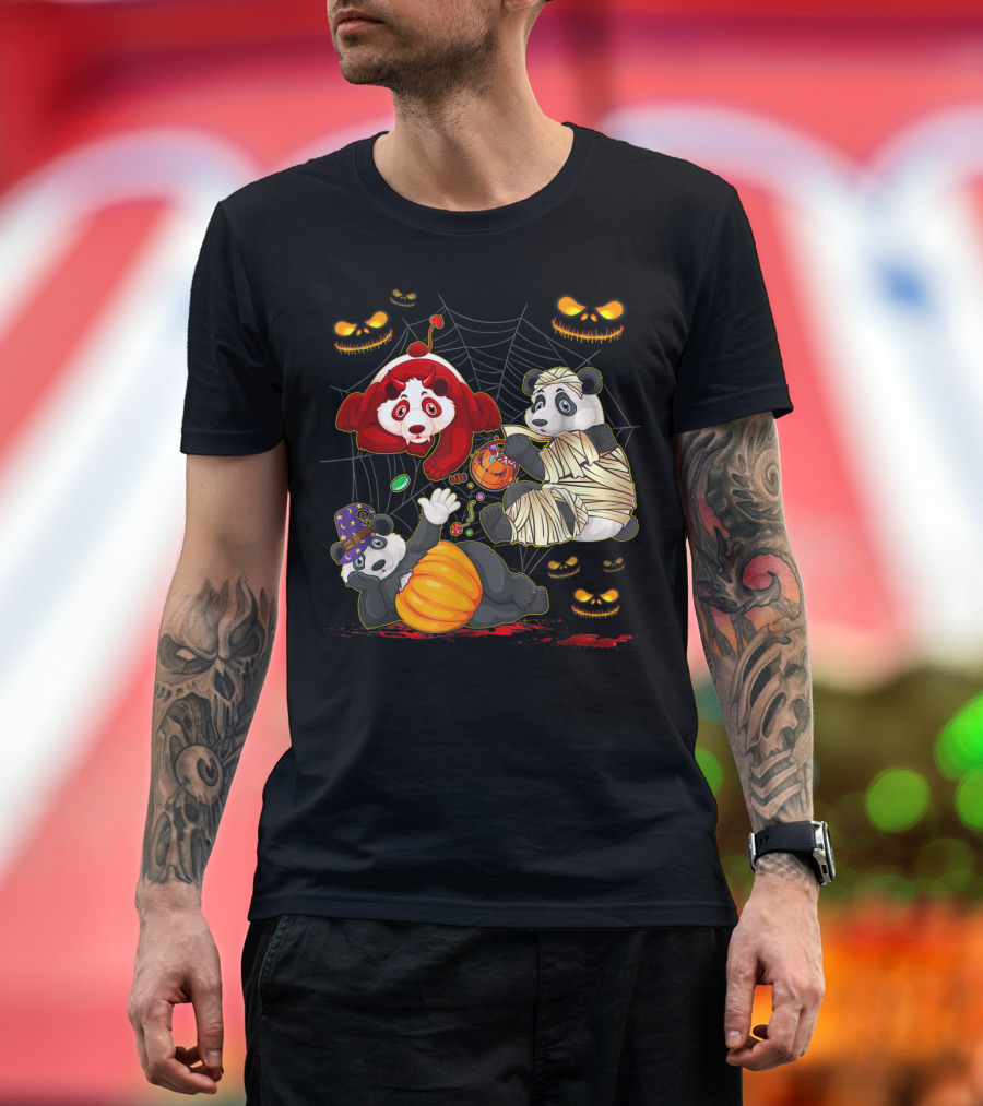 Halloween Panda Trio Mummy Clown Pumpkin Costume with Spider Web and Jack-o'-Lanterns T-Shirt
