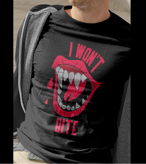 I Won't Bite Halloween Red Lips With Fangs And Blood Drops Scary Appeal T-Shirt